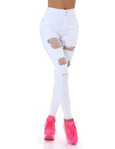 Skinny Jeans im High Waist-Style mit Netz Löcher, Farbe: Weiß, Größe: 40