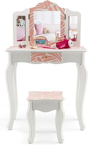 COSTWAY Dětský toaletní stolek se stoličkou, toaletní stolek 2 v 1 s trojitým skládacím zrcadlem a odnímatelnou deskou a zásuvkou, toaletní stolek ve stylu princezen (Zebra)