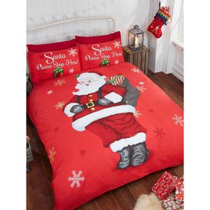 Posteľná bielizeň & Beyond - Súprava posteľnej bielizne "Santa Stop Here", vianočný dizajn AG849 (manželská posteľ) (červená/biela)