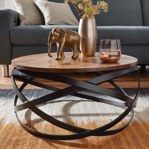 FineBuy Konferenční stolek MANUR 60x30x60 cm Sheesham masivní dřevo / kov rozkládací stůl, designový obývací stůl kulatý, obývací stůl průmyslový hnědý, designový dřevěný stolek konferenční stolek masiv, stůl obývací pokoj