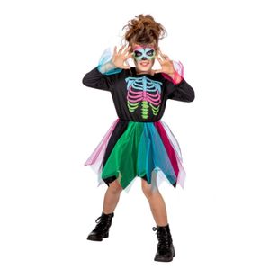 Skelettkostüm Skelett Skull Kostüm Bunt Kleid Mädchen Kinder Halloween Karneval 140