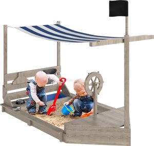 Outsunny Sandkasten Sandkiste groß mit Abdeckung im Schiff Design Segelschiff Matschekiste aus Holz Spielhaus mit Küchenspielset Aufbewahrung für Kinder 3-7 Jahre 180 x 103 x 144,5 cm Grau