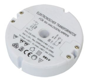 Transmedia-Elektronischer Halogen-Trafo , runde Bauform: Ø 85x22 mm, 230V auf 12V, 35-105 W - mit Überlastungsschutz und Temperatursicherung