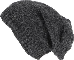 Handgestrickte Lange Beanie Mütze, Gefütterte Wollmütze - Anthrazit, Uni, Schwarz, Wolle, Mützen