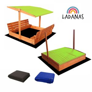 Ladanas® Sandkasten Holz- 140 x 140- mit faltbaren Bänken XXL& verstellbarem Dach- UV50- Sandkiste Kinder  & imprägniert & Sonnendach  (grün)