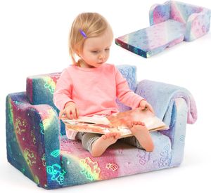 COSTWAY Kindercouch mit Decke, 2-in-1-Klappsofa/Liege für Kleinkinder, im Dunkeln leuchtender Schaumstoffsessel, Geschenkidee ab 3 Jahren
