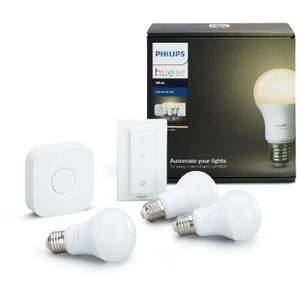 PHILIPS HUE Weißes 3-Lampen-Starterkit mit Anschlussbrücke und Dimmerfernbedienung - 10 W - E27