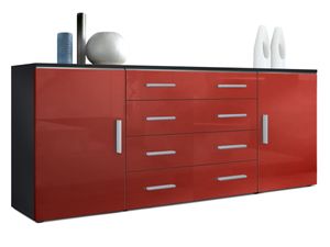 Vladon Sideboard Faro V2, Kommode mit 2 Türen und 4 Schubladen, Schwarz matt/Bordeaux Hochglanz (166 x 72 x 35 cm)
