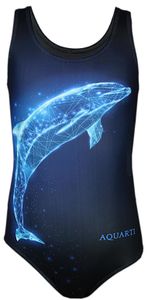 Aquarti Mädchen Badeanzug mit Ringerrücken Print, Farbe: Delfin Digital Blau / Schwarz, Größe: 164