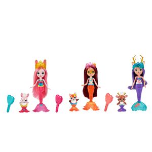 Royal Enchantimals Meerjungfrauen 3er-Set (ca. 15 cm), Hasenmädchen-Puppe Bree Bunny, Fuchsmädchen-Puppe Felicity Fox, Rehmädchen-Puppe Danessa Deer mit Tierfreunden und Haarbürsten-Zubehör