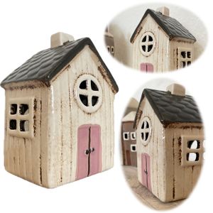 LS-LebenStil Lichterhaus Aarhus 14cm Creme Rosa Keramik Teelichthaus Fachwerkhaus Teelichthalter Windlicht Kerzenständer Wohnzimmer Fensterbank