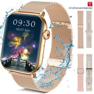 Smartwatch Damen Herren,1.96 "HD Fitness Tracker Uhr für Android iOS,IP67 Pulsmesser Schrittzähler Aktivitätstracker Schlafmonitor,4 Armbänder-Gold