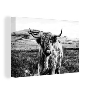 OneMillionCanvasses® - Leinwandbilder - 150x100 cm, Schwarz - Weiß - Schottisches Hochlandrind - Gras, Wandbilder Wohnzimmer Hochland Rind - Tier Wanddekoration - Hochland Rind - Kuh - Gemälde auf