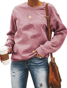 ASKSA Damen Pullover Rundhals Einfarbige Sweatshirt Herbst Winter Langarmshirt Casual Lose Oberteile, HellPink, XXL