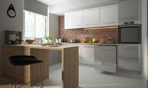U-Form Küchenzeile ESSEN Einbauküche 120x290x320cm REJS Vollauszug grau Front grau-weiß Hochglanz