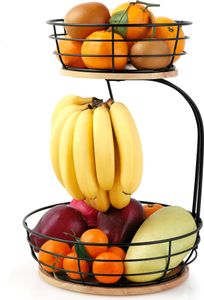 Hanamura Obst-Etagere – Obstkorb 2-lagig – Mit Bananenhaken – Holz & Metall – Schwarz