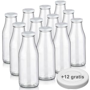 Milchflaschen 0,5L Smoothie Saft Flaschen 500ml leere Glasflaschen Deckel BPA frei, 12 Milchflaschen mit 24 Deckeln
