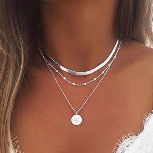 Mehrlagige Halskette, Silber, Münzanhänger, Boho-Stil, Perlenschmuck für Damen und Mädchen,Silber