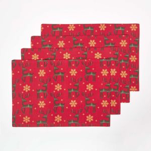 HOMESCAPES Weihnachts-Tischset Rentier, 4er Set, 100% Baumwolle, rot, 30 x 45 cm
