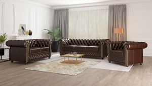 S-STYLE MÖBEL - Chesterfield Polstergarnitur 3+2+1 mit Schlaffunktion aus Braun veganem Leder mit Holzfüßen - Area, B/T/H: 3er - 203 cm/86 cm/72 cm