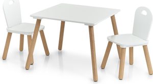 Detská sedacia súprava Zeller "Scandi", 3-dielna, MDF/borovica, biela/prírodná, stôl: 55 x 55 x 43,5 a stolička: 28 x 28 x 50 cm
