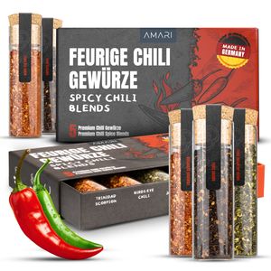 AMARI ® Chili Gewürze Set - 5 erlesene scharfe Gewürze als Geschenk Männer Geburtstag - Chilli Geschenkset - Gewürze Geschenkset Männer - Chilli Kit
