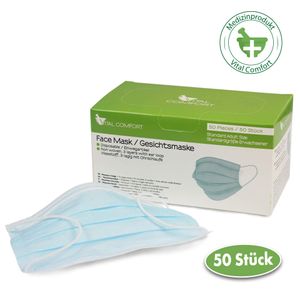 Vital Comfort Medizinische Gesichtsmasken (3-lagige OP-Masken), Mundschutz Einwegmasken, Hygienemasken Mund-Nasen-Schutz (MNS) Typ II, 50er Box