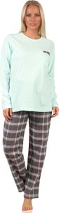 Damen Flanell Pyjama Mix & Match - Top Single Jersey, Hose Flanell auch in Übergrößen ; aqua , 36