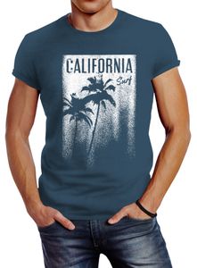 Herren T-Shirt California Surf Palmen Slim Fit Neverless® denim blue M