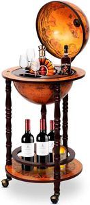COSTWAY Globe bar s kolečky, stojan na víno, dřevěný servírovací vozík