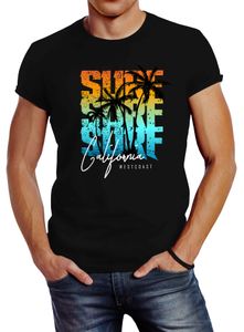 Herren T-Shirt Sommer Surf California Palmen Slim Fit Neverless® schwarz-türkis L