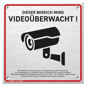 HAGEFOL® Schild Videoüberwachung 15x15 cm, mit DSGVO Hinweis, inkl. 4 Bohrlöcher