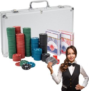 Pokerová sada - 300 žetonů pro karetní hry, 2 balíčky karet, hrací kostky, hliníkové pouzdro - komplexní pokerová sada pro začátečníky i pokročilé hráče