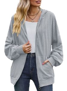 ASKSA Damen Kapuzenjacke Sweatshirt mit Reissverschlus Einfarbig Zip Hoodie Oversize Sweatjacke, Grau, XL