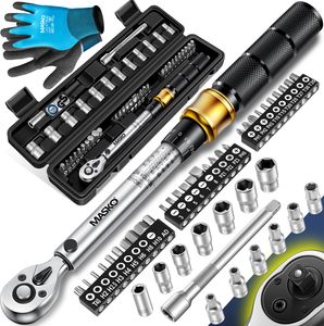 MASKO® Drehmomentschlüssel 45-tlg. Set Auto, Fahrrad & Motorrad 1/4 Zoll 5-25Nm inkl. Handschuhe, Magnetische Zündkerzenhülse Stecknüsse mit Verlängerungsstange 100mm +/- 4% Toleranz Reifenschlüsse