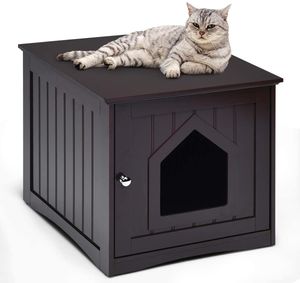 COSTWAY kočičí domeček, dřevěná vanička na stelivo, skříňka pro kočky, domeček pro zvířata, 51 x 49 x 47 cm, hnědá barva