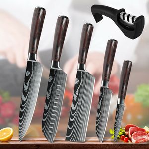 6PCS Küchenchef Messer Set Japanische Damaskus Kohlenstoffstahl Profi Hackmesser Mit Spitzer