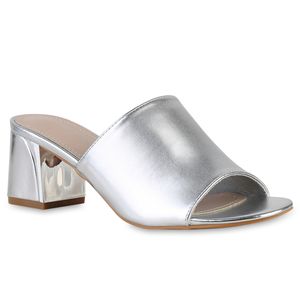 VAN HILL Damen Pantoletten Sandaletten Klassische Blockabsatz Schuhe 840884, Farbe: Silber, Größe: 39