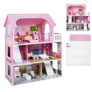 LZQ Drevený domček pre bábiky Vila pre bábiky s nábytkom a doplnkami Domček pre bábiky 3 poschodia 60 x 24 x 70 cm, model A