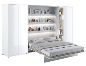 Wohnwand mit Schrankbett Bed Concept 160x200 Wandbett-Set Kleiderschrank Regalschrank Regal Led Beleuchtung Weiß/Artisan Eiche