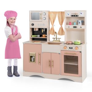 GOPLUS Kinderküche aus Holz, Spielküche mit Kaffeemaschine, Eismaschine, Mikrowelle, Backofen & Spüle, Vorhängen, Spielzeugküche Rollenspielküche mit 16-teiligem Zubehör für Kinder ab 3 Jahren (Rosa)