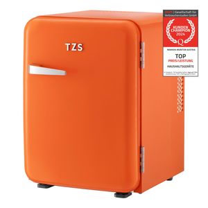 TZS First Austria Minikühlschrank 40L, Getränkekühlschrank Orange, Retro Design, lautlos 22dB Kühlschrank, Thermoelektrisches Kühlsystem