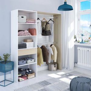Garderobe Miramar, Struktur für begehbaren Kleiderschrank, Offener Kleiderschrank ohne Türen, Begehbarer Kleiderschrank, 158x40h187 cm, Weiß und Eiche