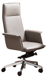 SalesFever Bürostuhl mit Komfort-Armlehnen | Bezug italienisches Echtleder | Gestell Aluminium | verstellbar | B 65 x T 64 x H 116 cm | grau – silbern