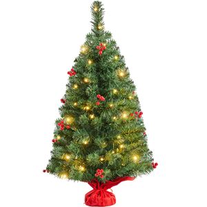 Yaheetech 90cm Mini Künstlicher Weihnachtsbaum mit 50 Warmweiß LED Beleuchtung & 60 Roten Beeren Kleiner Christbaum Tisch Tannenbaum für Weihnachtsdeko, Grün