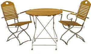 DEGAMO Bistroset Sitzgruppe Gartenset im Kurgartendesign BAD TÖLZ 3-teilig, Flachstahl verzinkt + Holz Robinie, klappbar