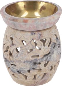 Indische Duftlampe, ätherisches Öl Diffusor, Teelicht Halter für Aromatherapie, Aromalampe aus Speckstein - Rund Blüte 3, Creme-weiß, 10*8*8 cm, Duftlampen & Öllampen