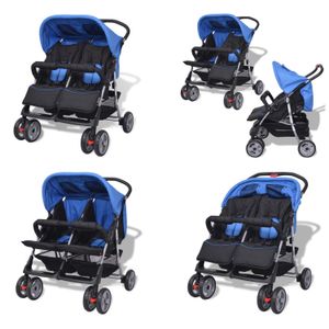 vidaXL Zwillingskinderwagen Stahl Blau und Schwarz - Kinderwagen - Kinderbuggy - Kinderbuggys - Doppel Kinderwagen