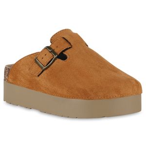 VAN HILL Damen Pantoffeln Hausschuhe Plateau Profil-Sohle Schnallen Schuhe 841256, Farbe: Hellbraun, Größe: 36