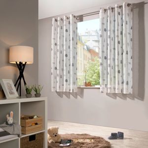 heimtexland ® Kinder Vorhang Kindergardine Wald Bär Leinen Optik Natur Grau Deko Gardine Kinderzimmer Halbtransparent  Typ563 Ösenschal HxB 175x135 cm